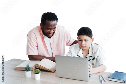 African American man is teacher or tutor teaching  with laptop for Caucasian student boy or pupils in classroom at school. Education and technology for online internet concept