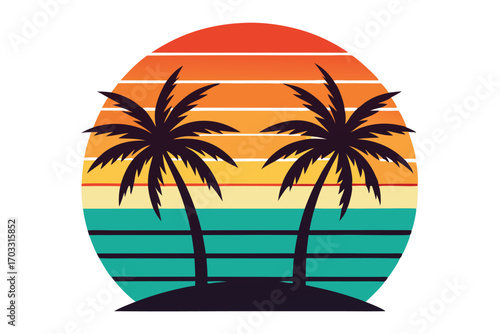Two palm trees stand beautifully against a retro sunset with horizontal stripes