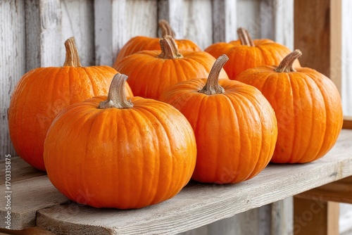 Colorful pumpkins are arranged neatly on a wooden shelf at a rustic farm stand, perfect for Halloween festivities