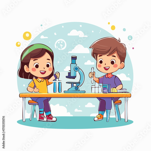 Enthusiastic young students conduct a science experiment with a microscope, showcasing curiosity and a passion for discovery in an educational setting