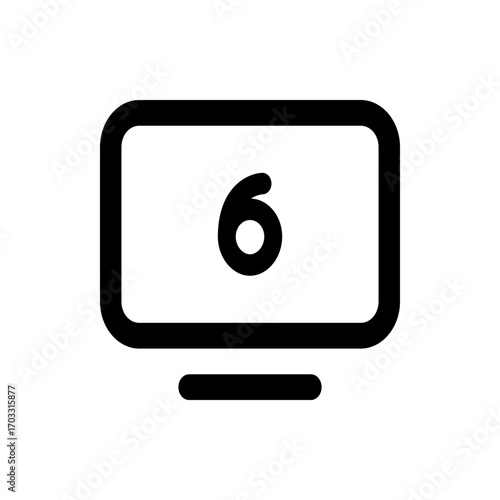 Illustration of a black monitor with rounded edges displaying the number six in the center of the screen