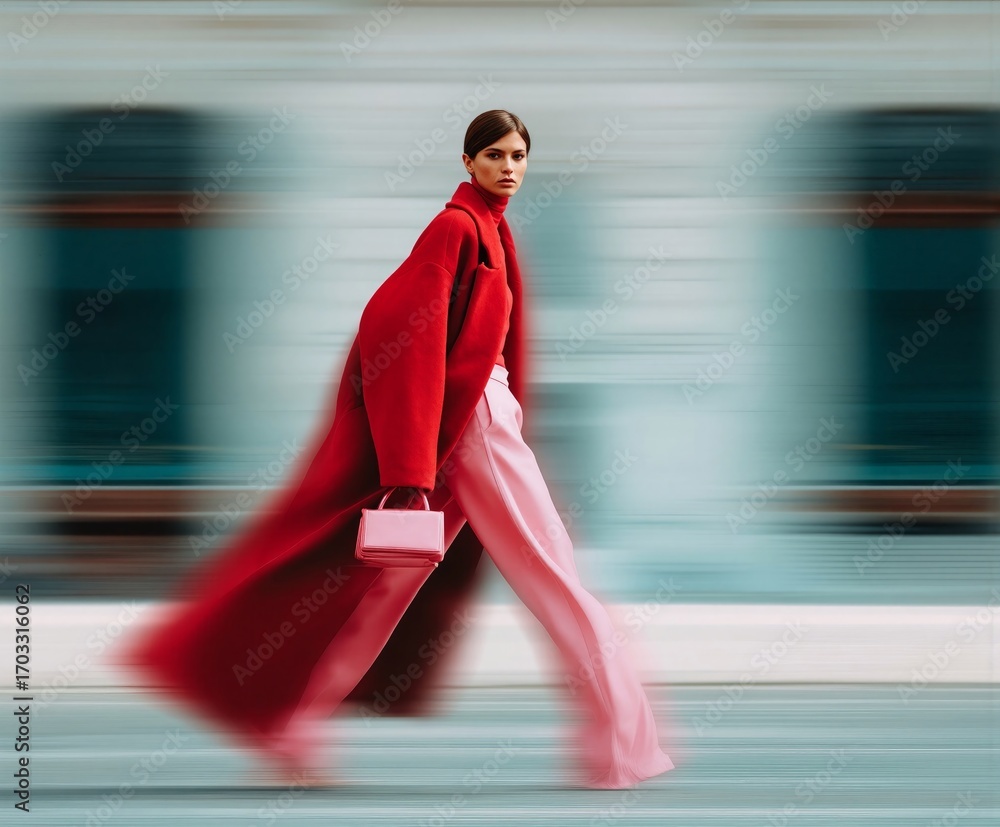 Fashionable woman in bold red coat and pink trousers walking with style, holding a chic handbag. Stylish street fashion editorial with motion blur, urban elegance, and modern sophistication.