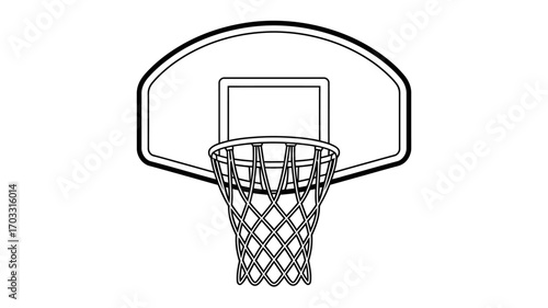 Detailed outline drawing of a basketball hoop and net for sports and recreation