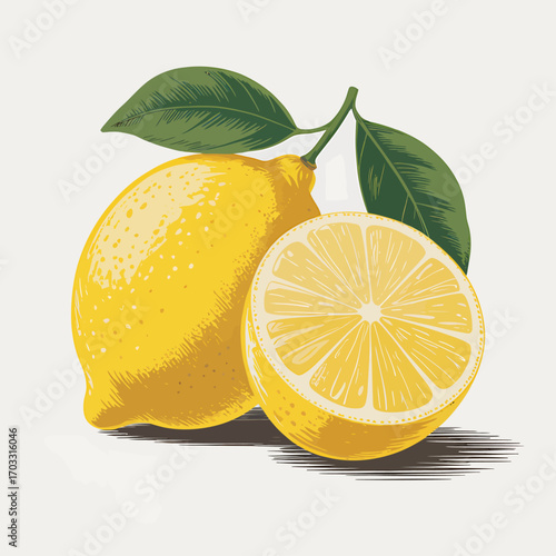 Fresh ripe lemons with green leaves and a sliced lemon showing juicy interior
