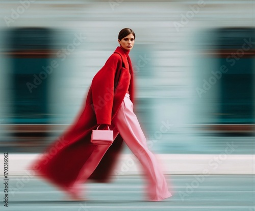 Fashionable woman in bold red coat and pink trousers walking with style, holding a chic handbag. Stylish street fashion editorial with motion blur, urban elegance, and modern sophistication.