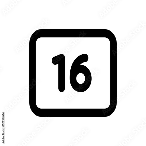 Illustration of a calendar icon with rounded corners displaying the number sixteen in bold black font