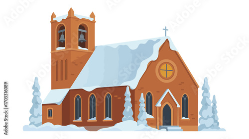 Charming snow covered church building with tower and festive winter scene