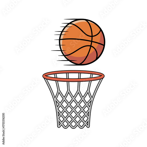 Basketball game action scoring shot through hoop net motion blur dynamic sport