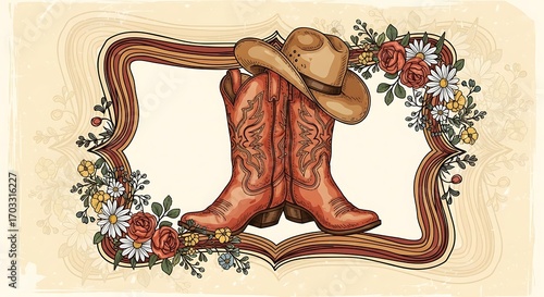 Floral Cowboy Boots and Hat Design.
