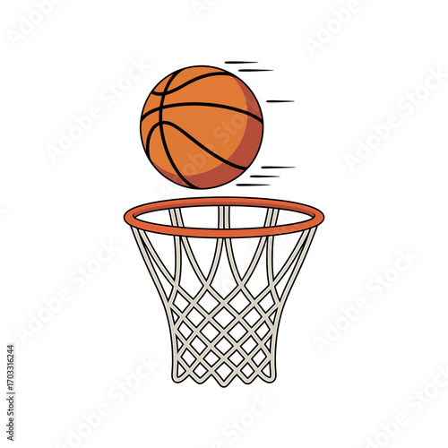 Basketball flying towards hoop game sport action motion net score opportunity