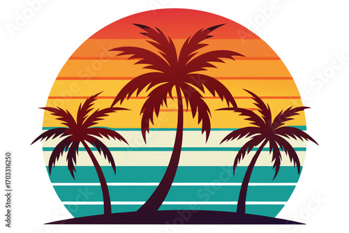 Three tropical palm trees stand silhouetted against a colorful sunset with horizontal stripes