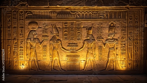 underground food scene Ancient Egyptian wall carving depicting figures and hieroglyphs in rich detail.