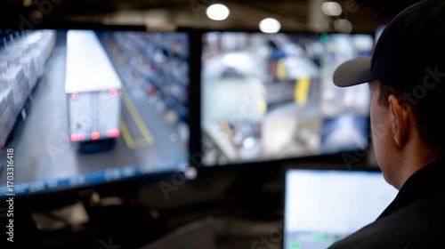 A worker monitors logistics on multiple screens. The scene captures focus and technology in a shipping environment. Perfect for showcasing warehouse operations. AI