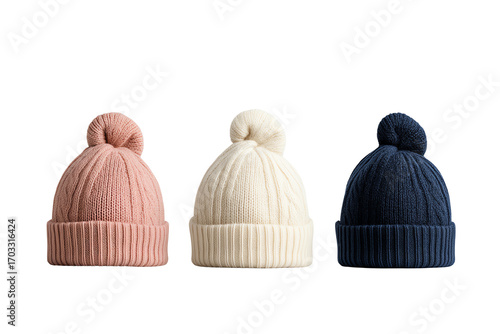 Three cozy knitted beanies in pink, white, and navy, ideal for winter fashion and accessories.