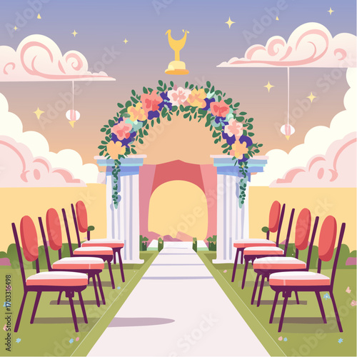 Whimsical Wedding Ceremony Illustration with Floral Arch and Chairs