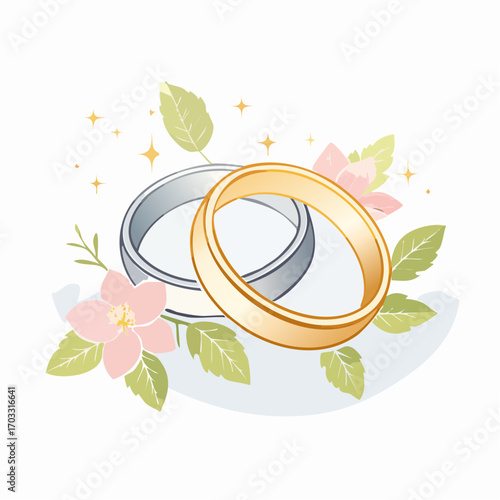 Elegant Wedding Rings with Floral Accents A Modern Vector Illustration