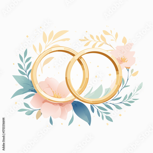 A beautiful and modern illustration of two intertwined gold wedding rings adorned with delicate floral and botanical accents