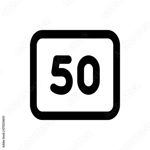 The image displays the number fifty centered within a rounded rectangle with a thick black outline design element