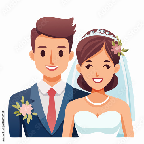 Wedding bliss A charming cartoon couple in their wedding attire, radiating love and joy on their special day