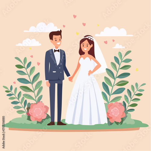 Romantic wedding scene with a stylish bride and groom holding hands. Elegant flat vector illustration of a happy couple on their special day