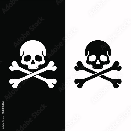 Split image featuring a white skull and crossbones on black and a black skull on white background