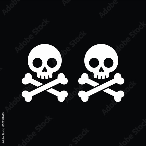 Two white skull and crossbones icons isolated on a black background in a simple and clean design