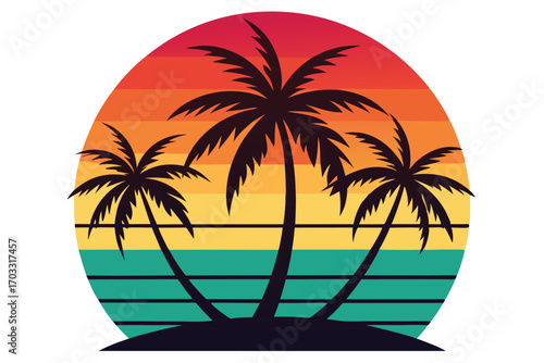 Three dark palm trees sit against a colorful sunset circle backdrop on the beach