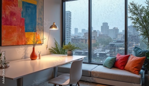 Cozy modern workspace with colorful decor, rain-soaked city view, and lush greenery