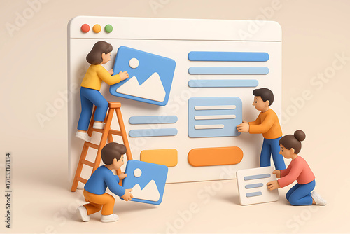 Wallpaper Mural 3D Illustration of Tiny Designers Building a Website with UI Components Torontodigital.ca