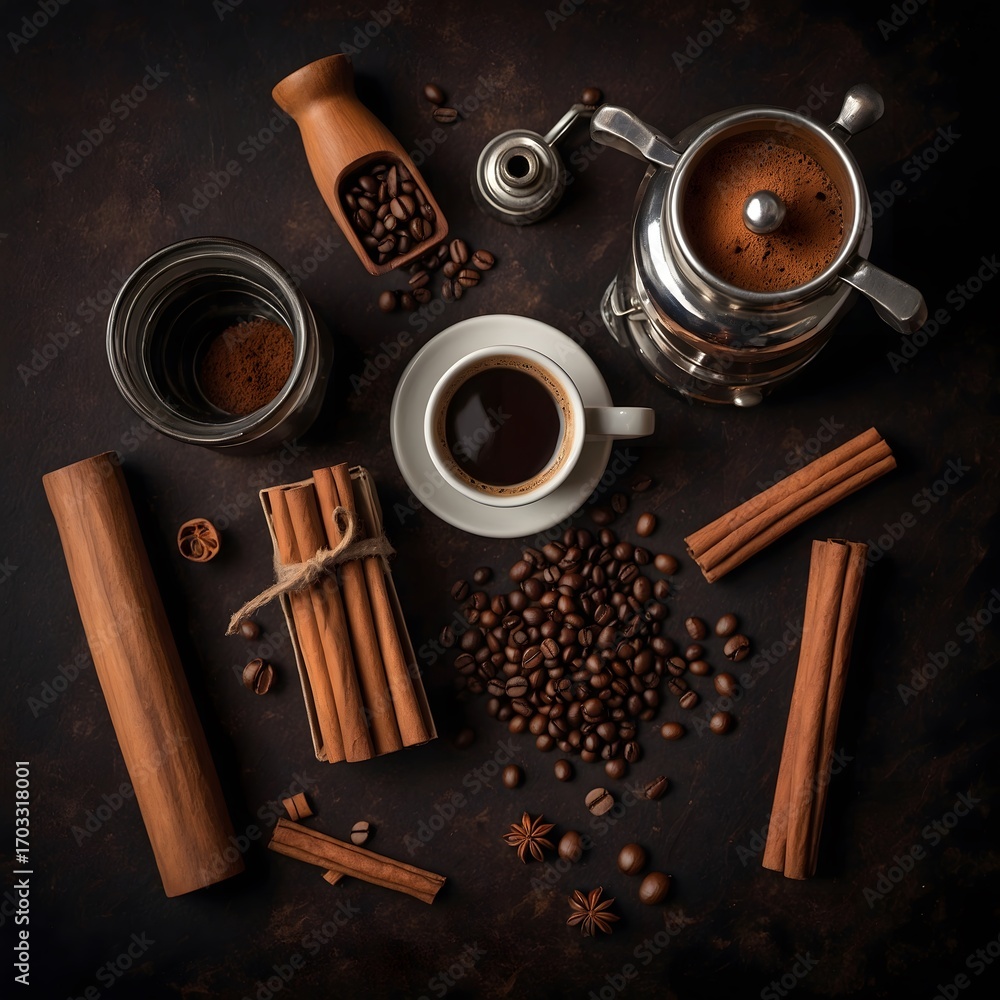 Naklejka premium Café expreso recién preparado con cafetera italiana, granos de café, ramas de canela y especias sobre mesa oscura, concepto de tradición cafetera artesanal