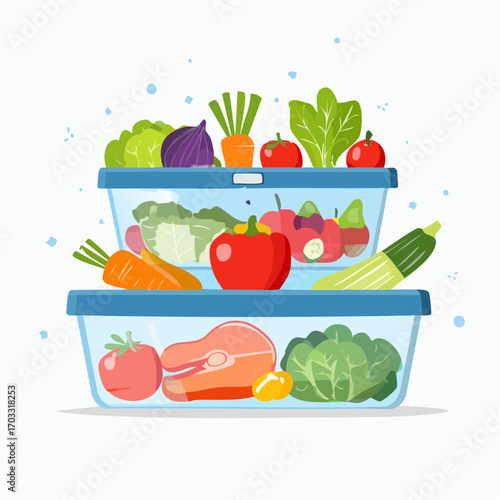 Concept of healthy meal preparation and organized food storage with fresh vegetables and fish packed in reusable containers