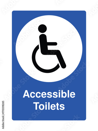 Accessibility Toilets Sign with Explanation – Wheelchair Symbol in Blue Square for Inclusive Infrastructure