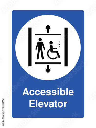 Accessible Elevator Sign with Explanation – Lift Symbol with Wheelchair & Standing Figure in Blue Square
