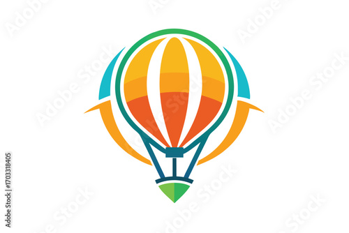 Abstract hot air balloon soars upward with vibrant design on the white background