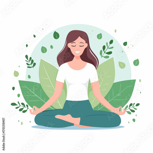 Serene woman practicing yoga meditation in nature. Minimalist vector illustration of a girl in lotus position for wellness and harmony