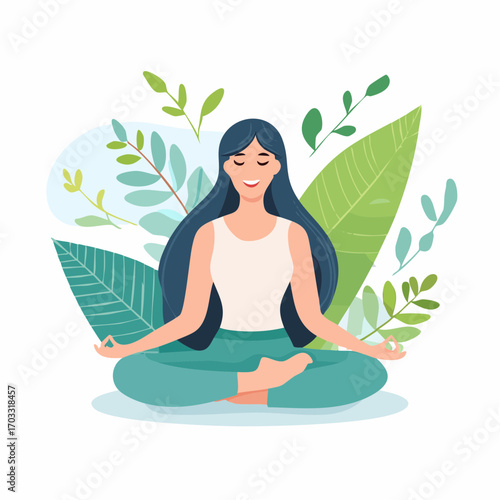 Smiling woman meditating in a lotus pose surrounded by lush green leaves. Concept of yoga, mindfulness, and connecting with nature