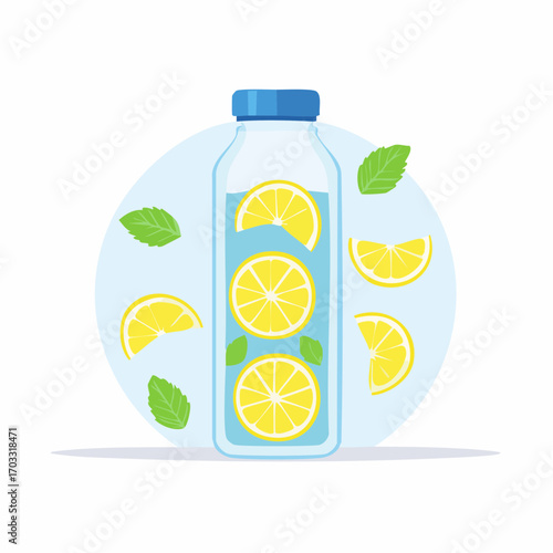Refreshing Lemon Infused Water Bottle with Mint on a White Background