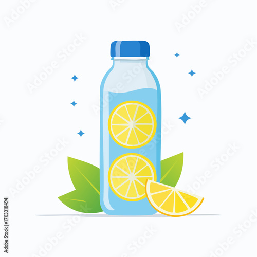 A flat vector illustration of a refreshing bottle of lemon-infused water. A healthy and hydrating detox drink for a wellness lifestyle