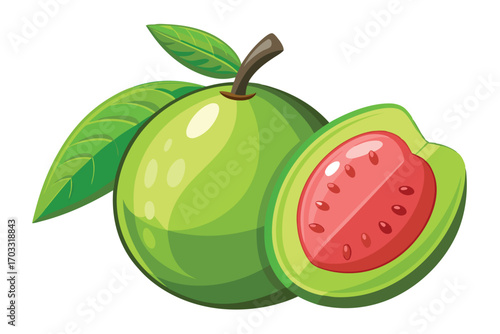 Fresh green guava with attached leaves shows a juicy cross section of delicious fruit