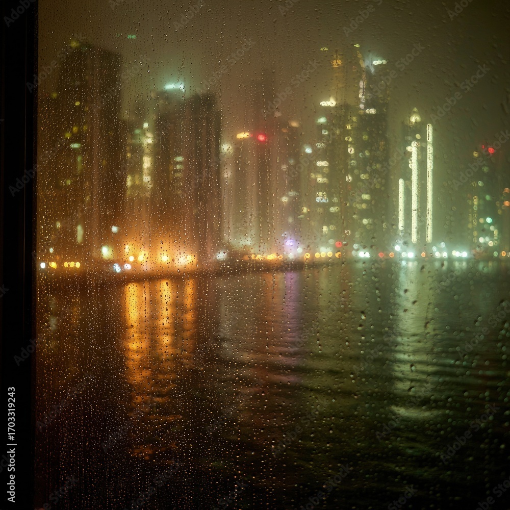 Fototapeta premium Rainy Night Cityscape View Through Wet Window