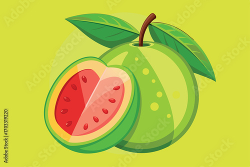 Cartoon guava illustration shows whole fruit with leaves and one half on bright background