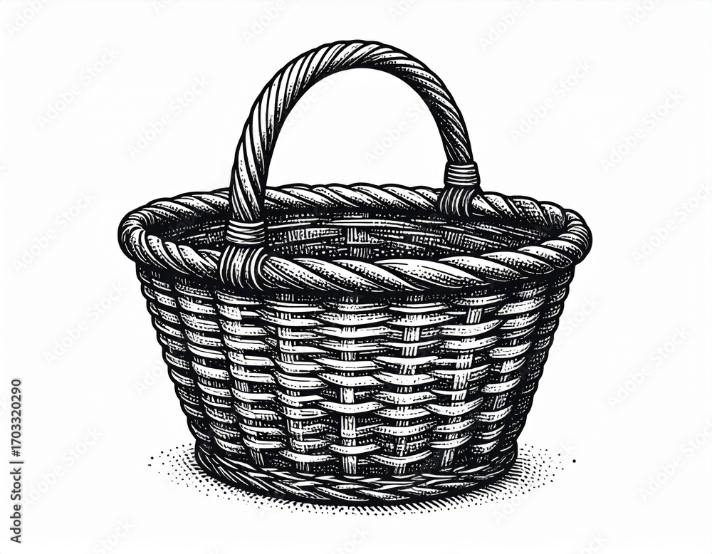 Obraz premium Wicker Basket Container with Curved Handle in Black and White Line Art Illustration
