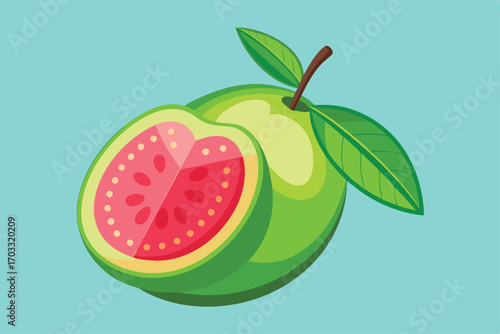 Vibrant cartoon guava fruit displays a striking half section against a pale blue backdrop