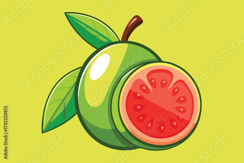 Whole guava fruit shows its vivid pink insides alongside two vibrant green leaves