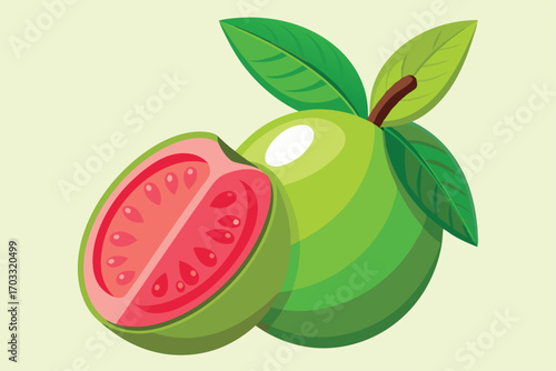 A juicy guava fruit and halved section reveal a vibrant pink interior with seeds