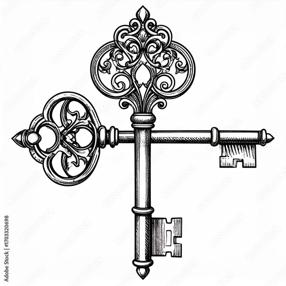 Obraz premium Two Vintage Ornate Keys with Intricate Skeleton Design in Black and White