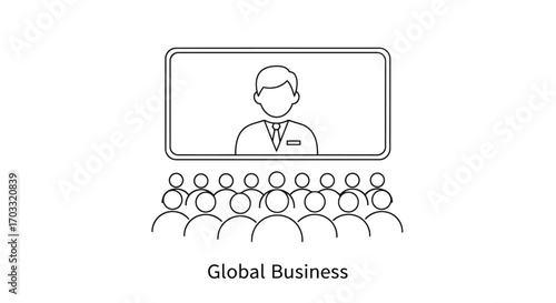 Vector illustration of global business meeting with a presenter on screen addressing an audience