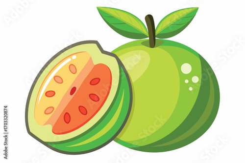 A vibrant cartoon guava with green skin is positioned next to a sliced piece