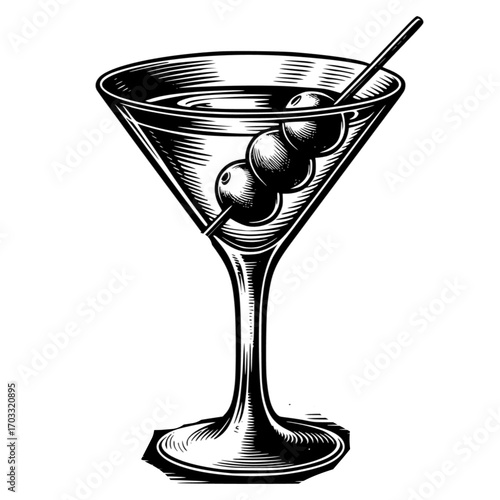  a classic martini glass with olives on a stirrer black vector icon with transparent background 