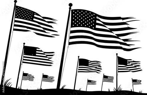 Waving American Flags Silhouette Design